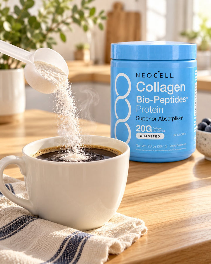 Porción de colágeno NeoCell cayendo en una taza de café