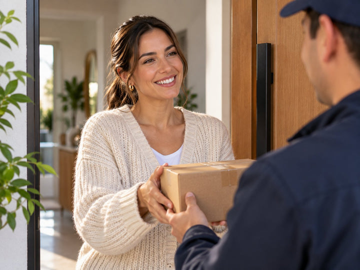 Mujer recibiendo una caja en la puerta de su casa