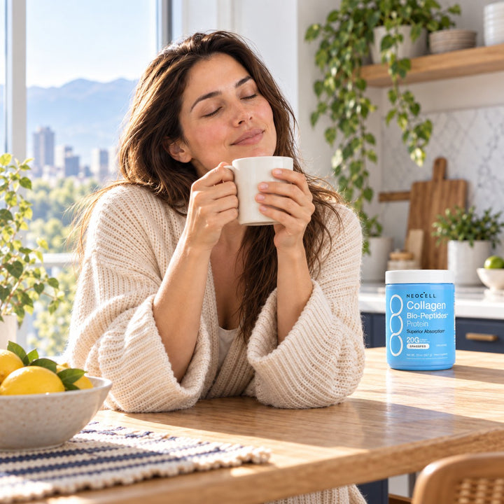 Mujer sonriendo con su taza de café