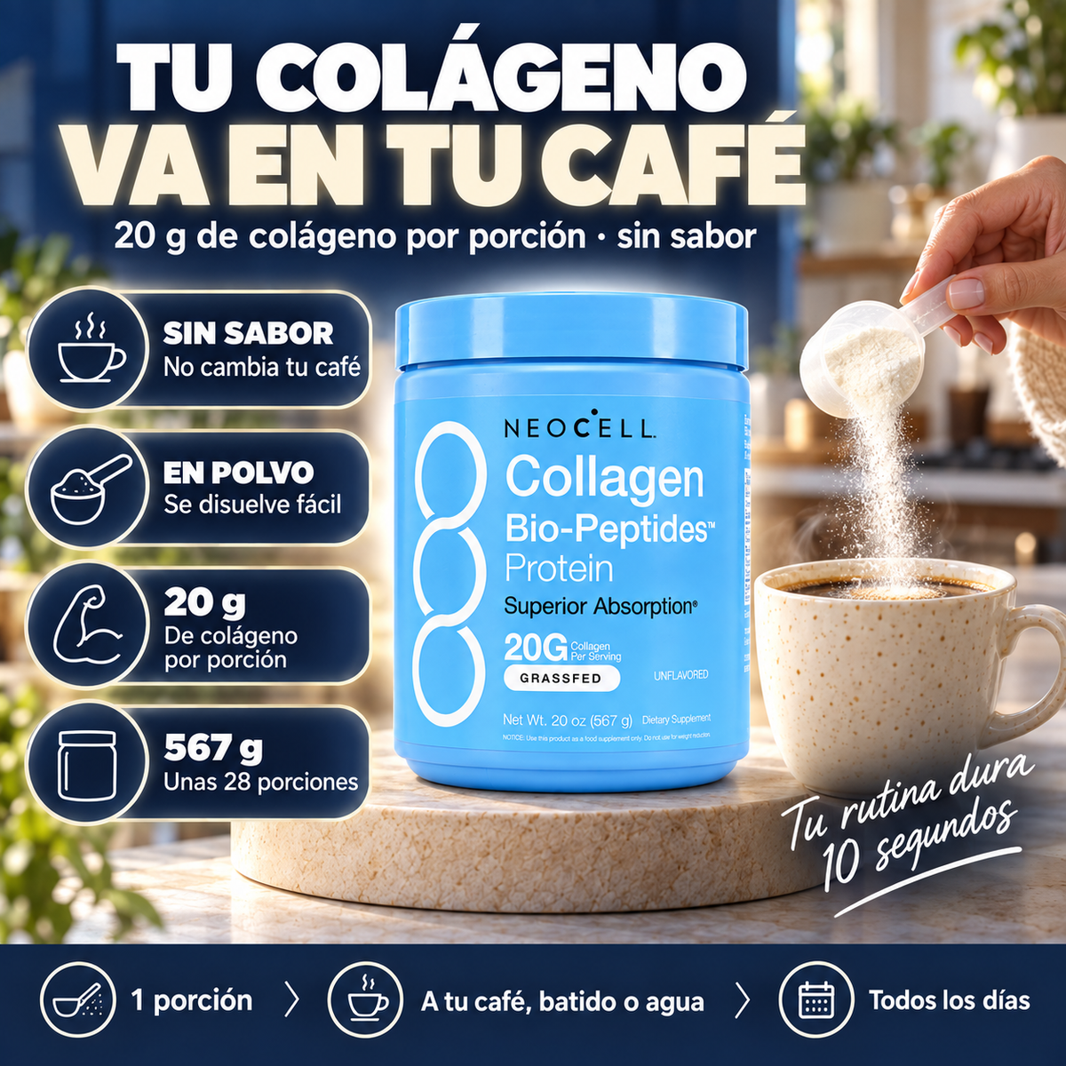 Colágeno NeoCell sin sabor, va en tu café