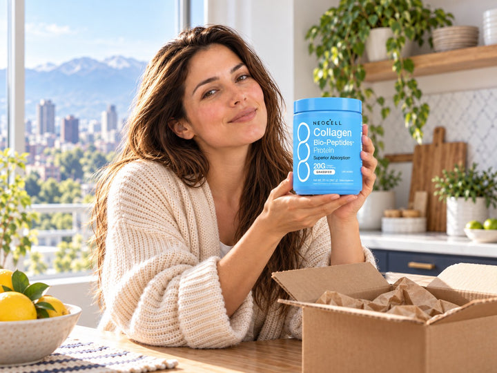 Mujer mostrando el tarro de Colágeno NeoCell recién llegado