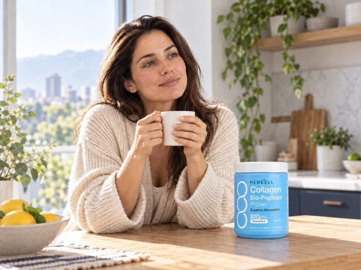 Mujer tranquila tomando su café en la cocina